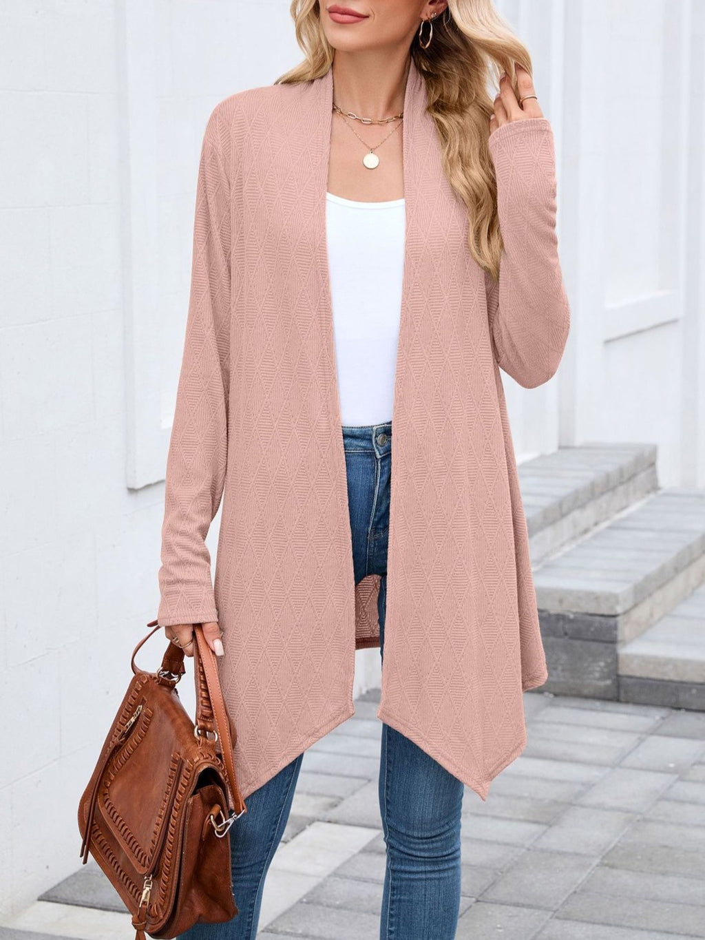 Draped Handkerchief Hem Longline Cardigan - Pink