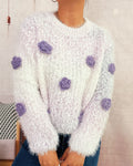 3D Flower Fuzzy Gradient Knit Sweater - Purple