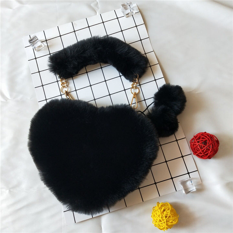 Fluffy Heart Shaped Bag With Pom Charm - Black