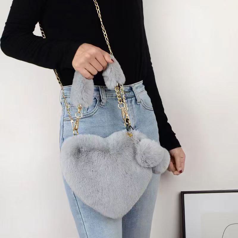 Fluffy Heart Shaped Bag With Pom Charm - LightGrey