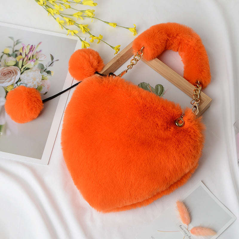 Fluffy Heart Shaped Bag With Pom Charm - Orange