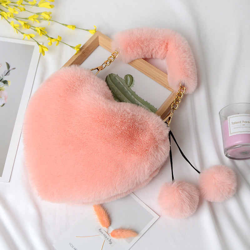 Fluffy Heart Shaped Bag With Pom Charm - Peach