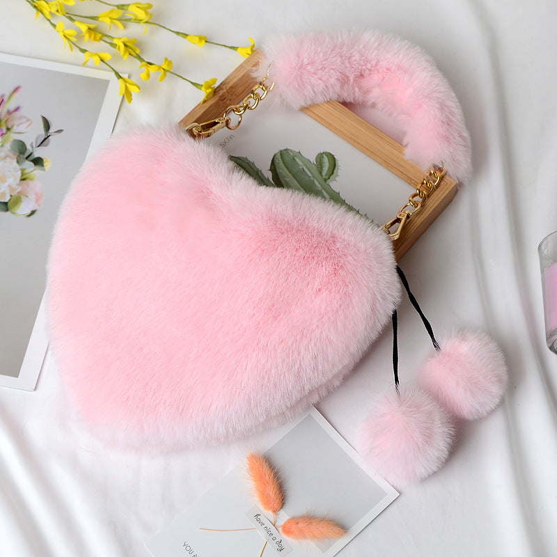 Fluffy Heart Shaped Bag With Pom Charm - Pink