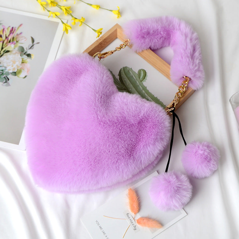 Fluffy Heart Shaped Bag With Pom Charm - Purple