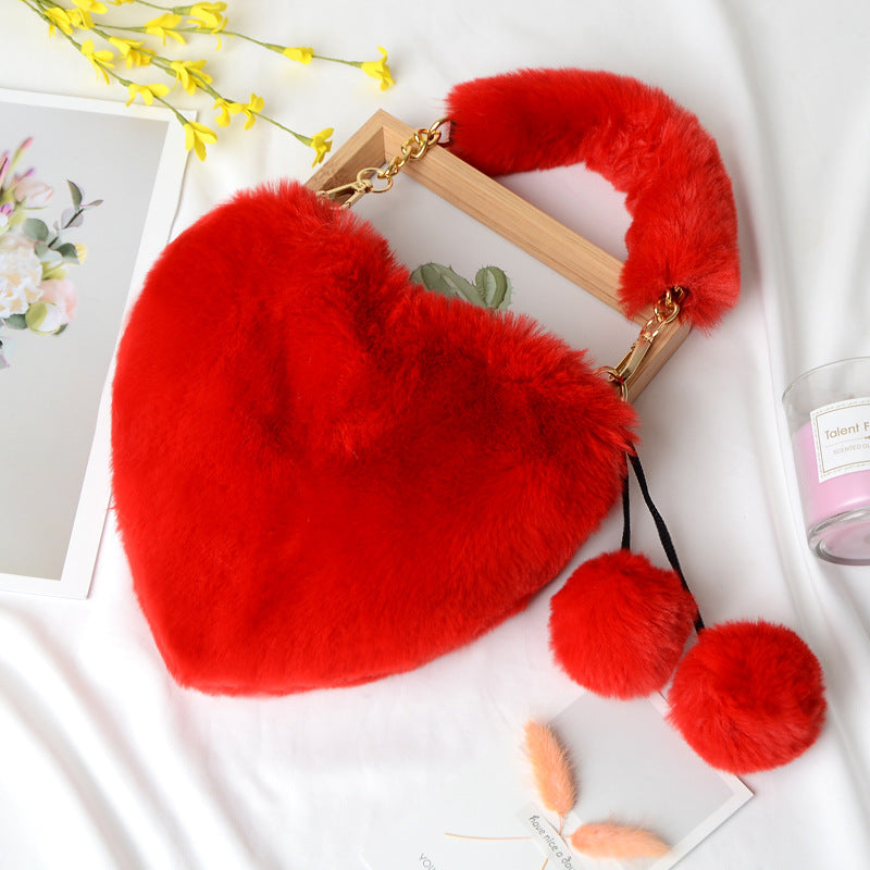 Fluffy Heart Shaped Bag With Pom Charm - Red