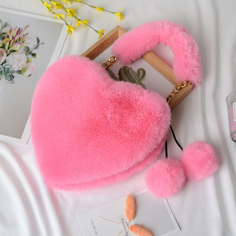 Fluffy Heart Shaped Bag With Pom Charm - Rose