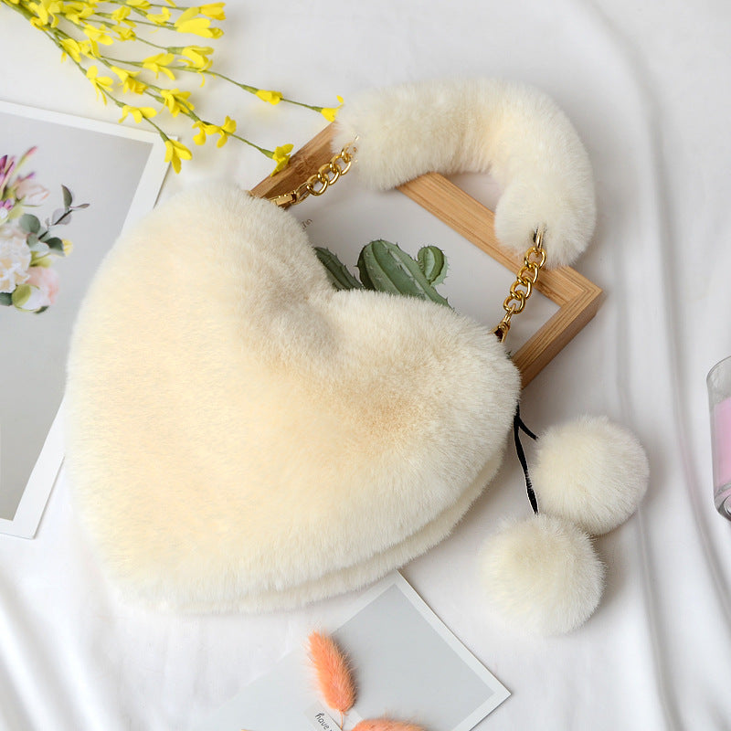 Fluffy Heart Shaped Bag With Pom Charm - White