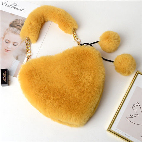 Fluffy Heart Shaped Bag With Pom Charm - Yellow