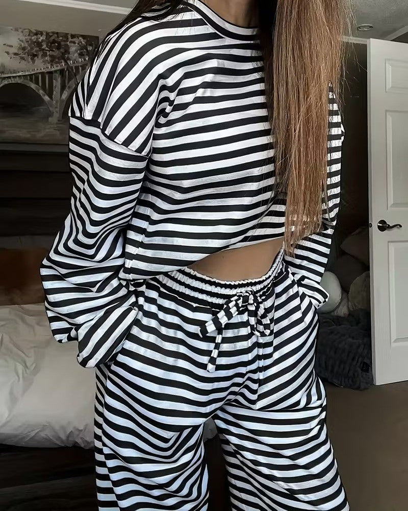 Breton Stripe Slouchy Top And Pant Set - Black