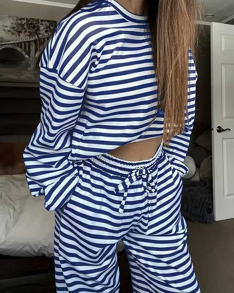 Breton Stripe Slouchy Top And Pant Set - Blue