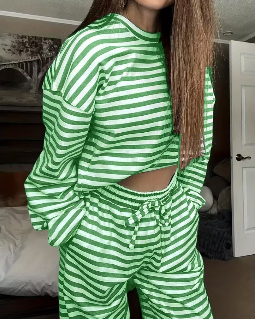 Breton Stripe Slouchy Top And Pant Set - Green