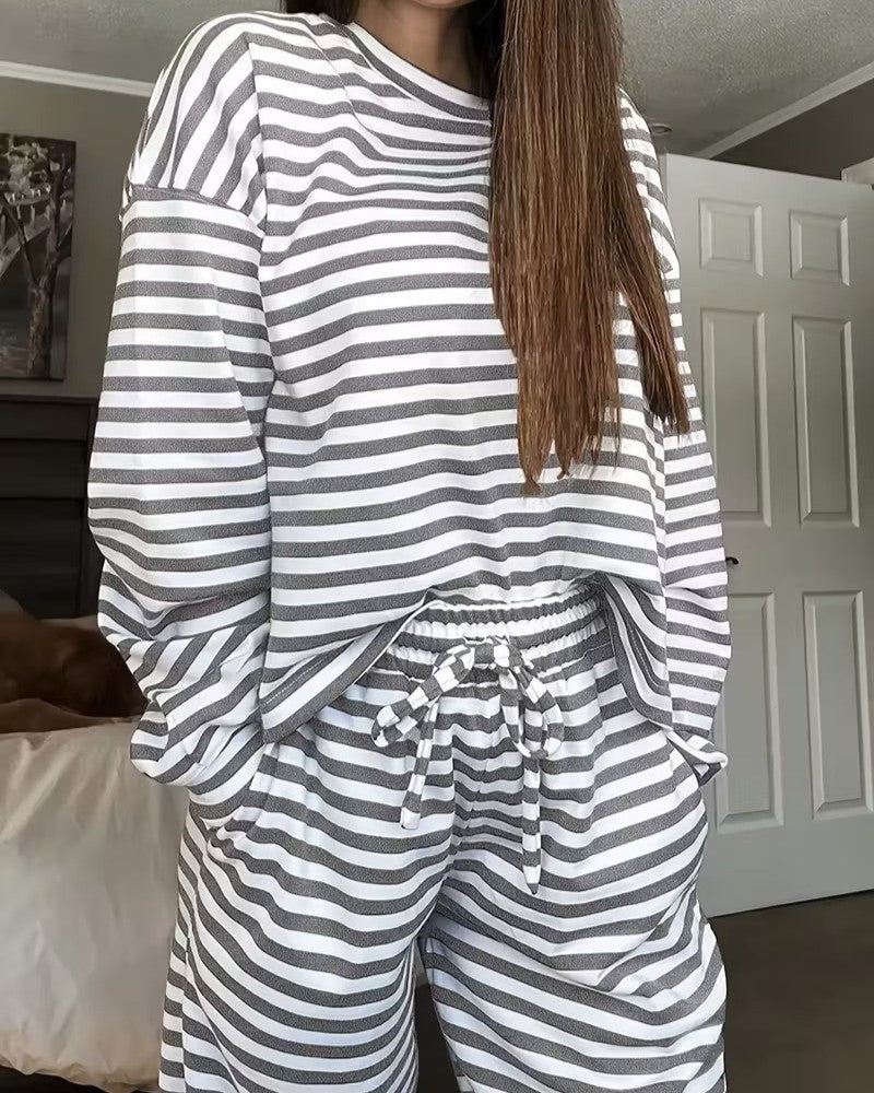 Breton Stripe Slouchy Top And Pant Set - Grey