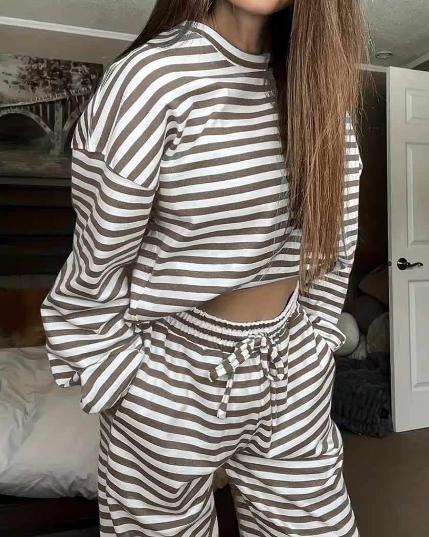 Breton Stripe Slouchy Top And Pant Set - Khaki