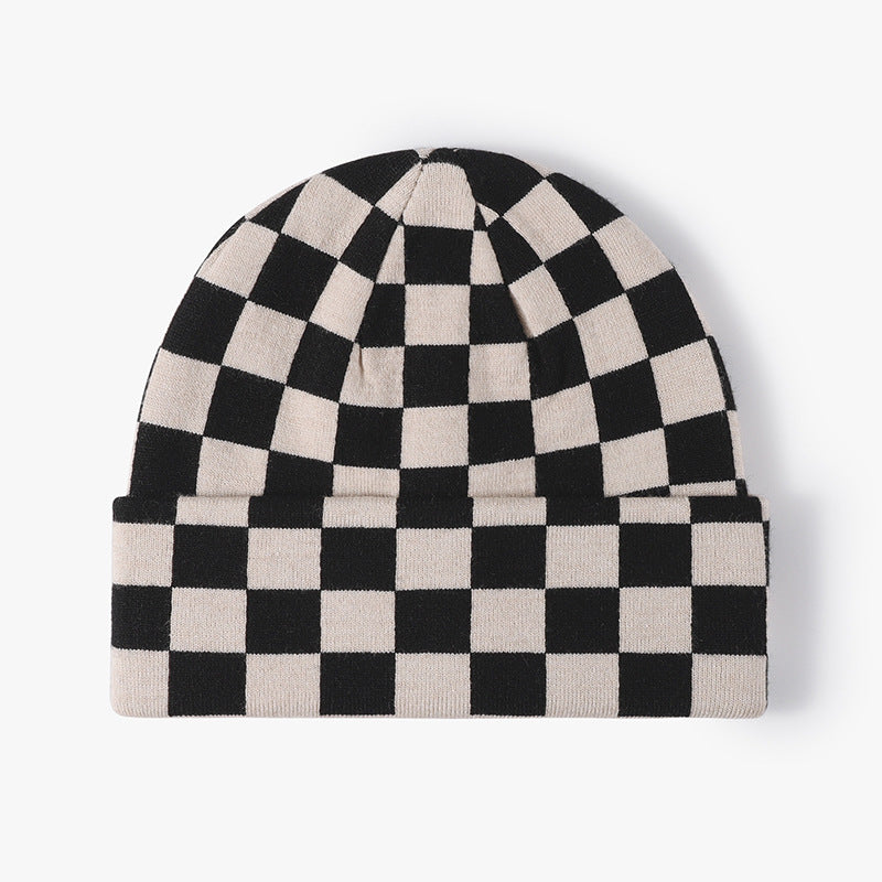 Checkerboard Knit Cuffed Beanie Hat - Beige