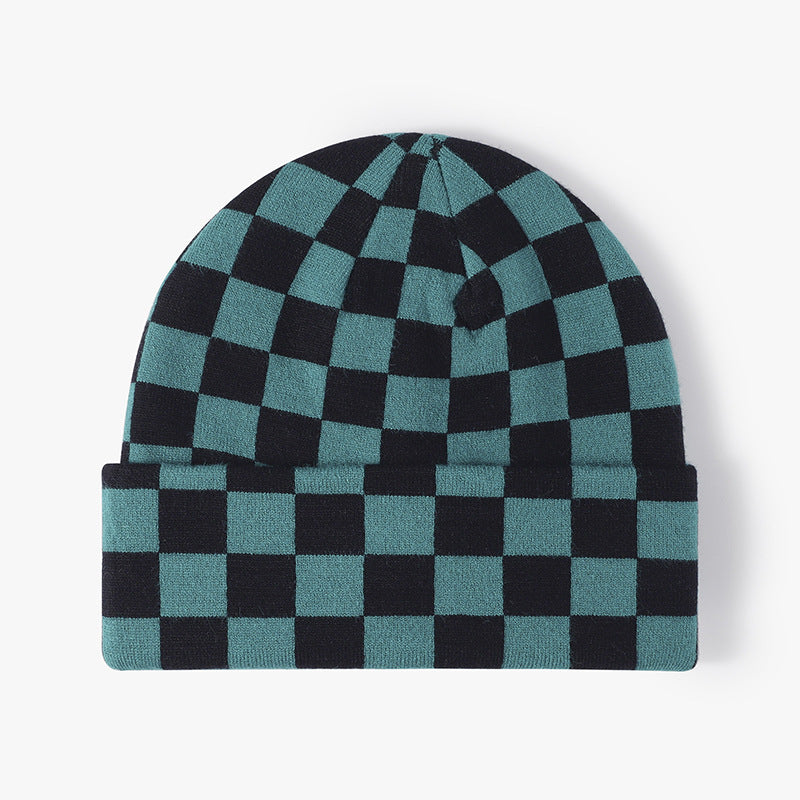 Checkerboard Knit Cuffed Beanie Hat - Green
