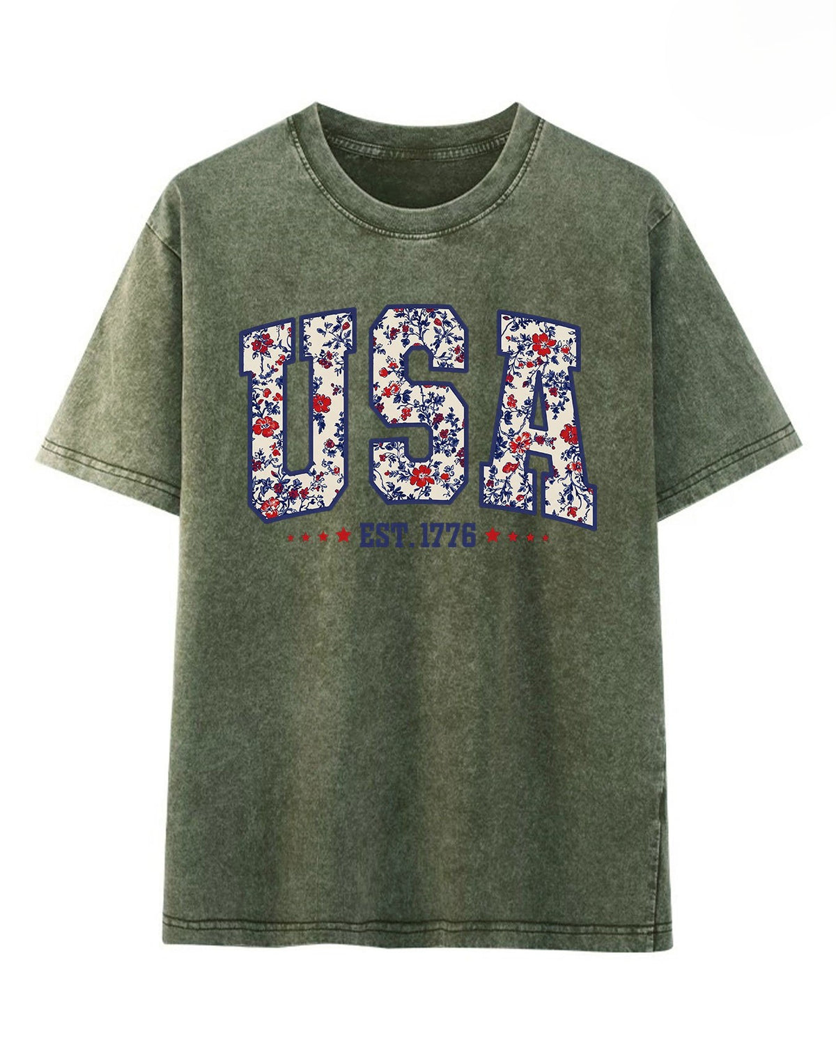 Floral USA Varsity Graphic Washed Tee - Green