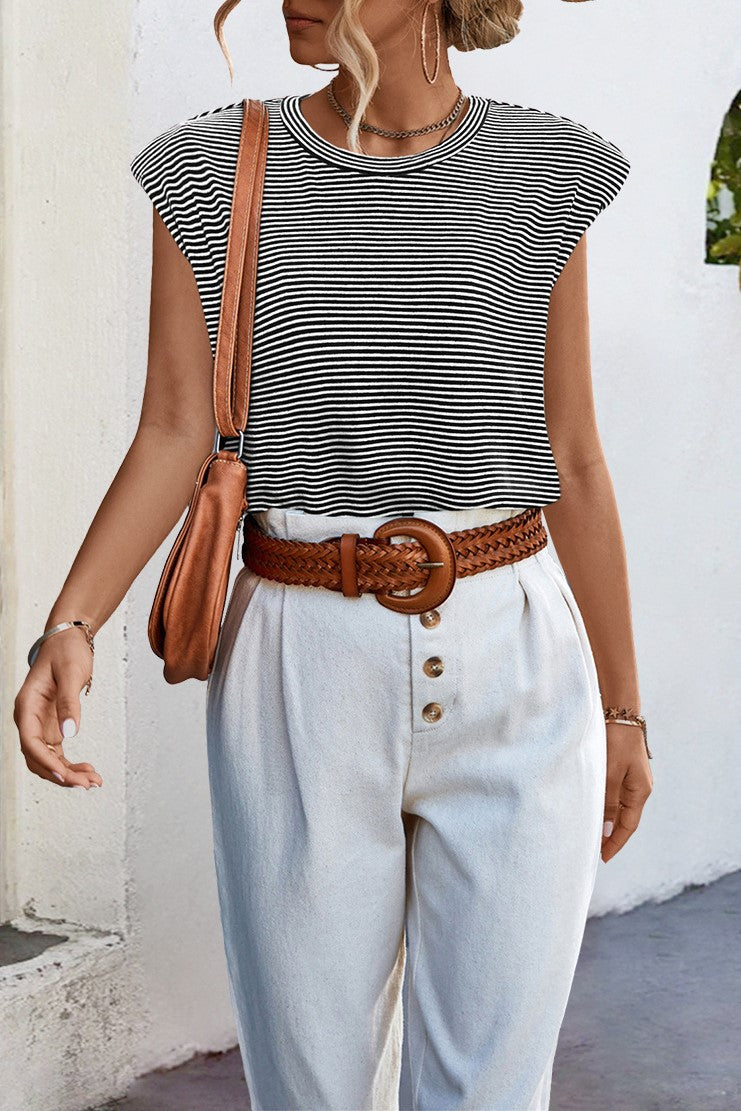 Extended Cap Sleeve Crewneck Tee Top - B-stripe