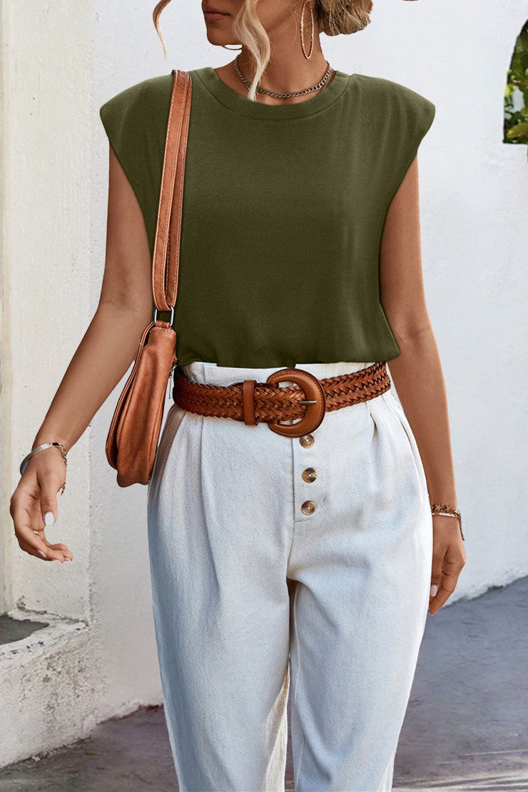 Extended Cap Sleeve Crewneck Tee Top - Olive