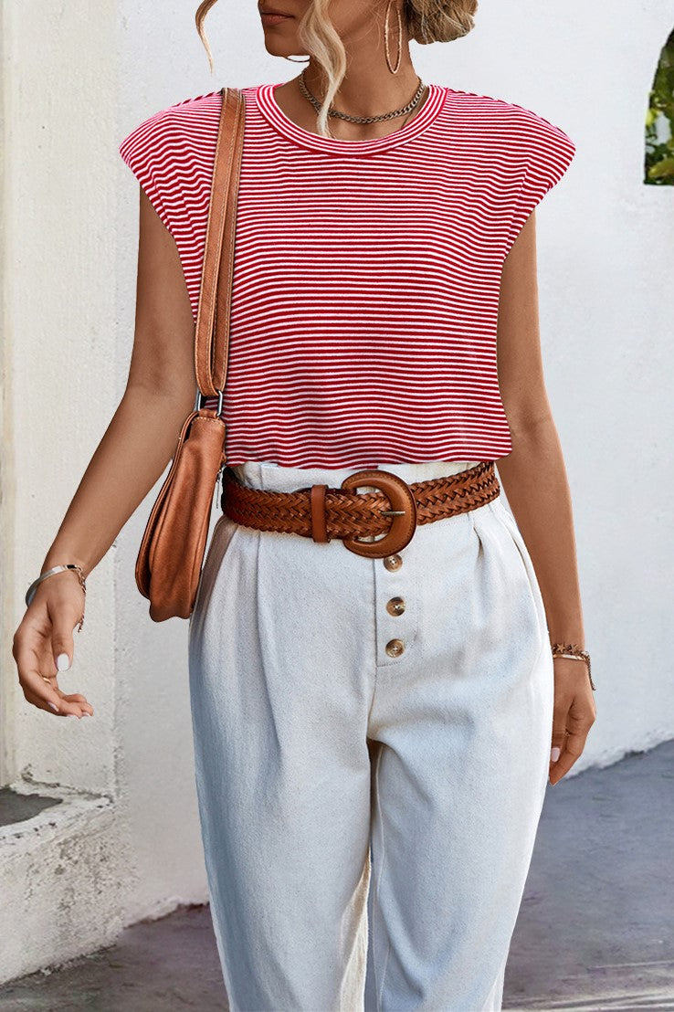 Extended Cap Sleeve Crewneck Tee Top - R-stripe