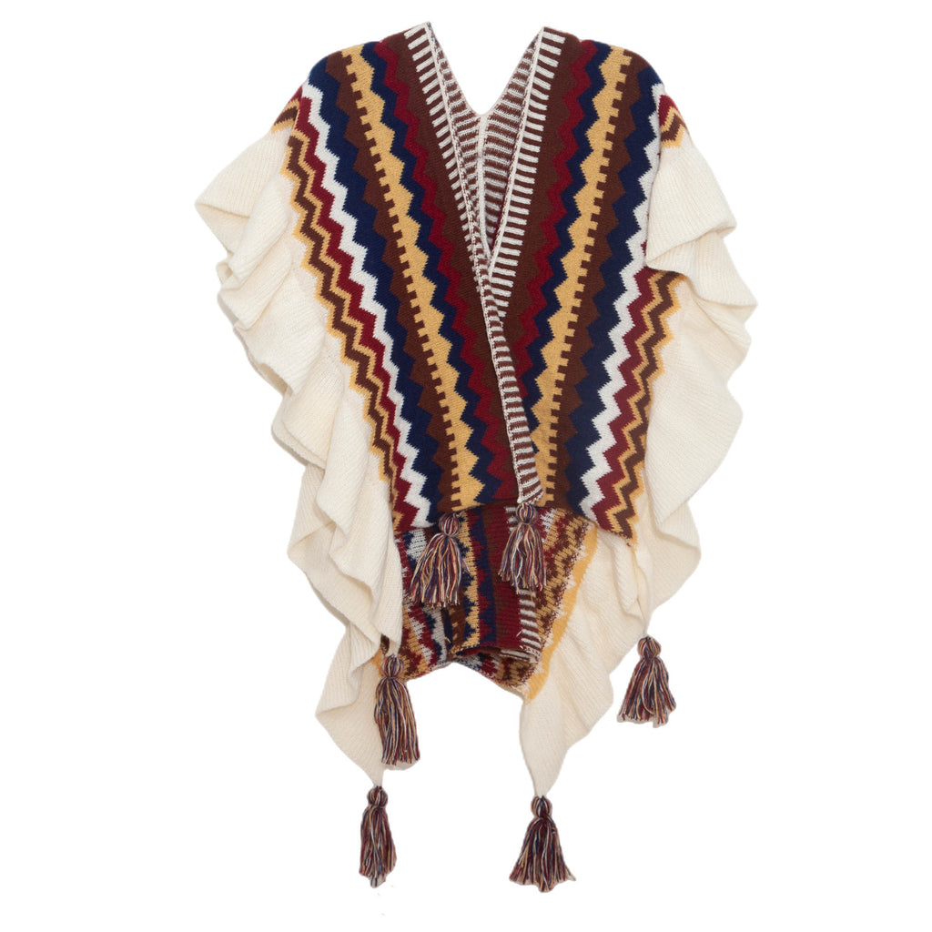 Ruffled Chevron Stripe Tassel Knit Wrap - Brown