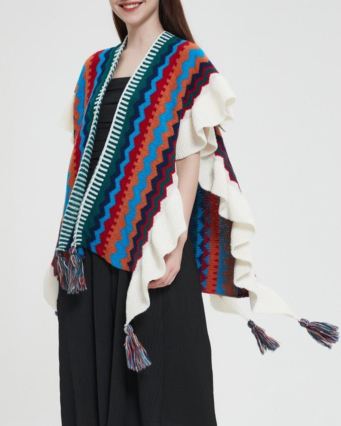 Ruffled Chevron Stripe Tassel Knit Wrap - Orange - 10