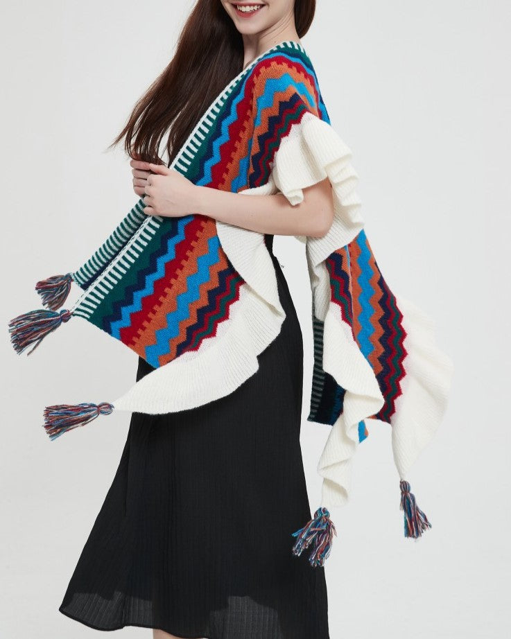Ruffled Chevron Stripe Tassel Knit Wrap - Orange - 12