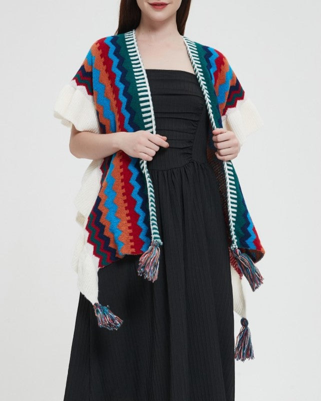 Ruffled Chevron Stripe Tassel Knit Wrap - Orange - 2