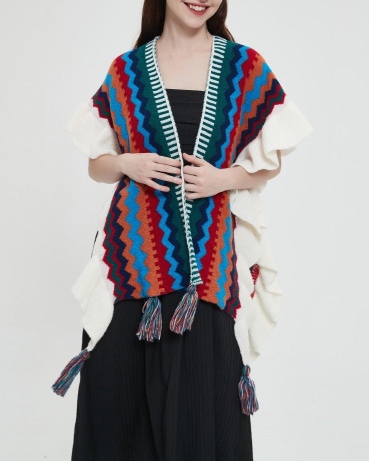 Ruffled Chevron Stripe Tassel Knit Wrap - Orange - 6