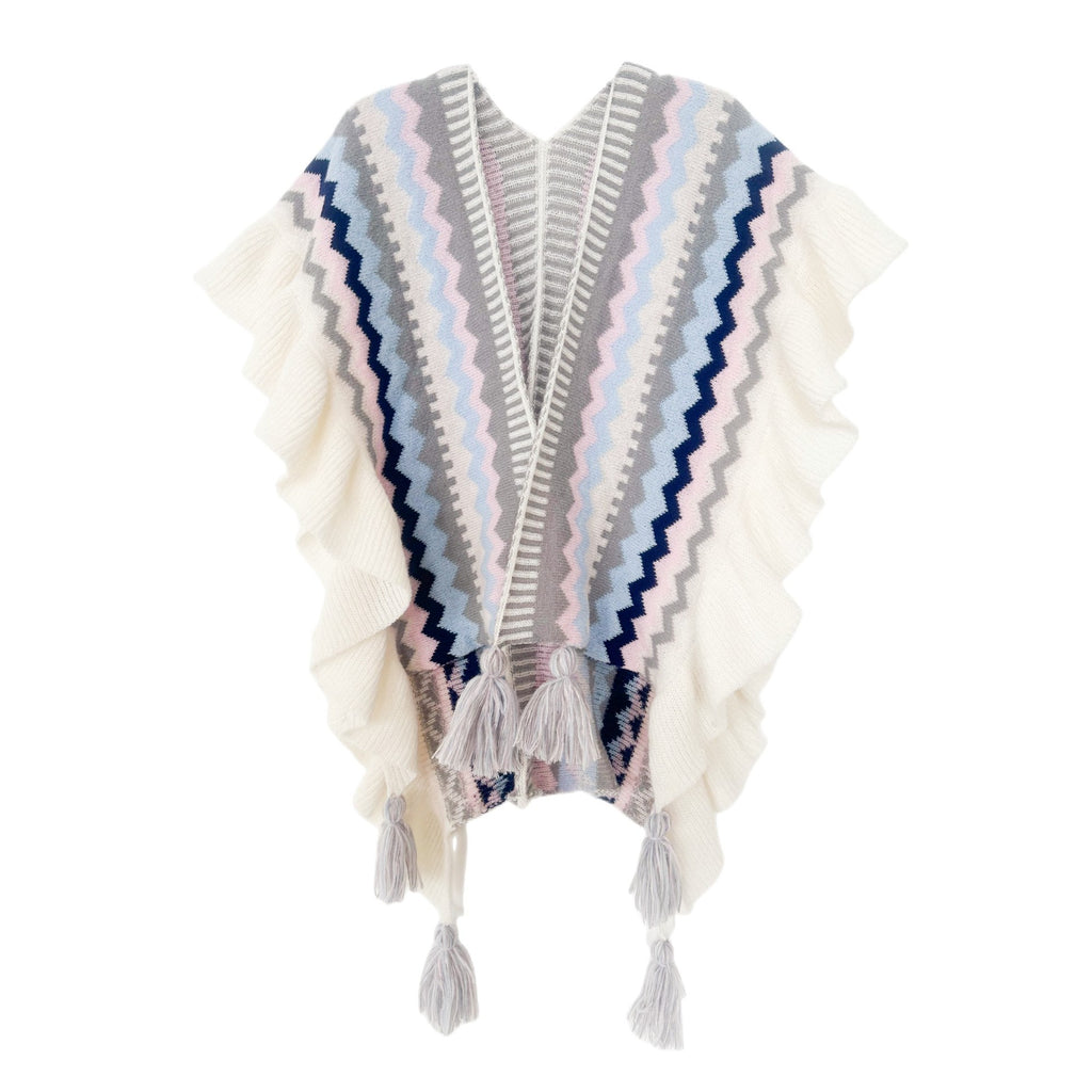 Ruffled Chevron Stripe Tassel Knit Wrap - Pink