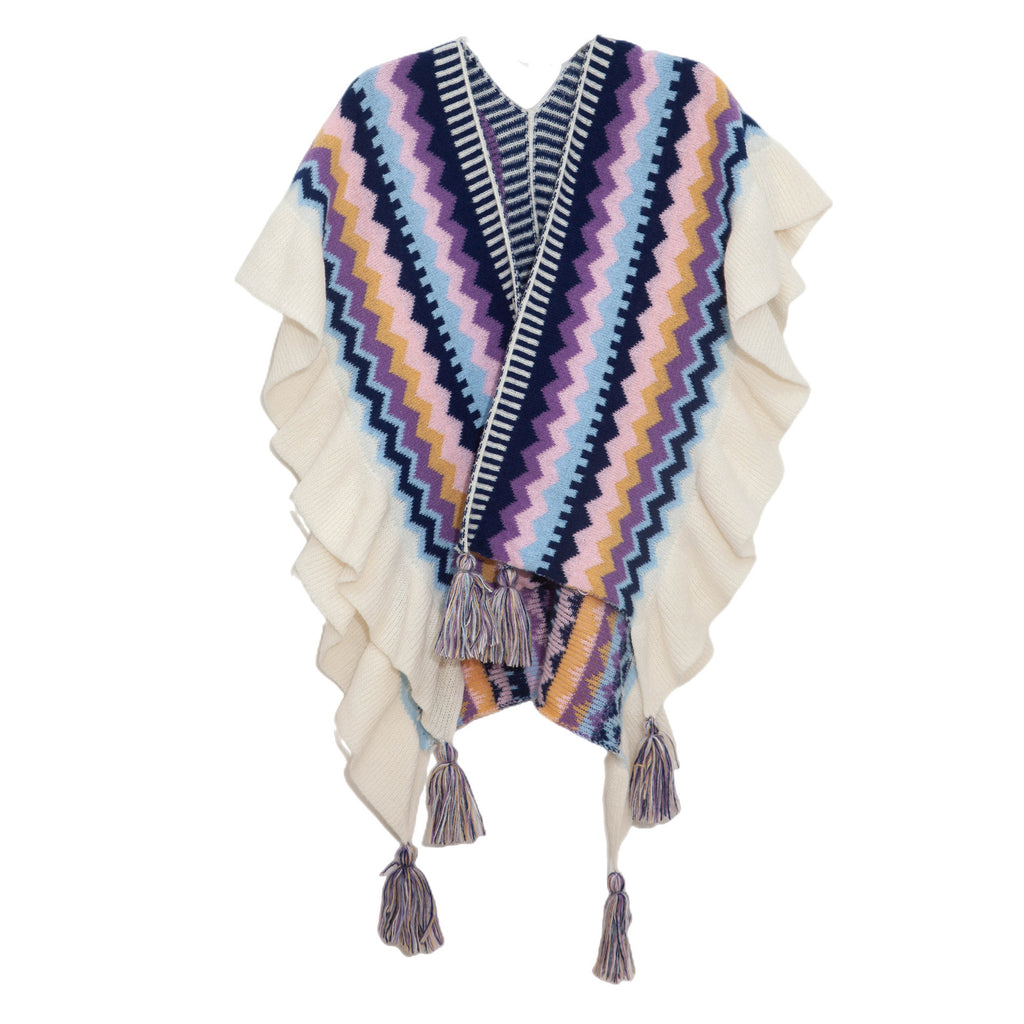 Ruffled Chevron Stripe Tassel Knit Wrap - Purple