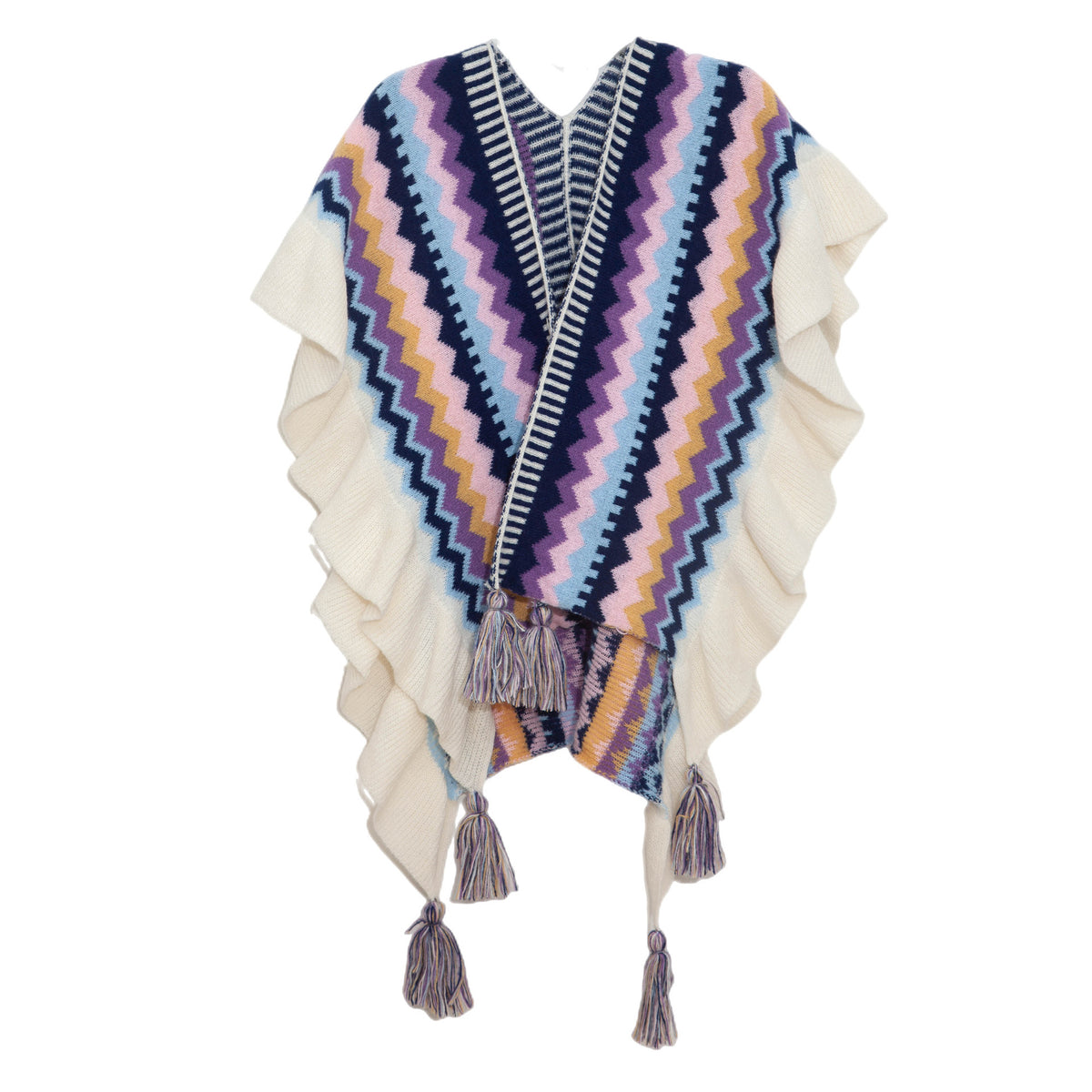 Ruffled Chevron Stripe Tassel Knit Wrap - Purple