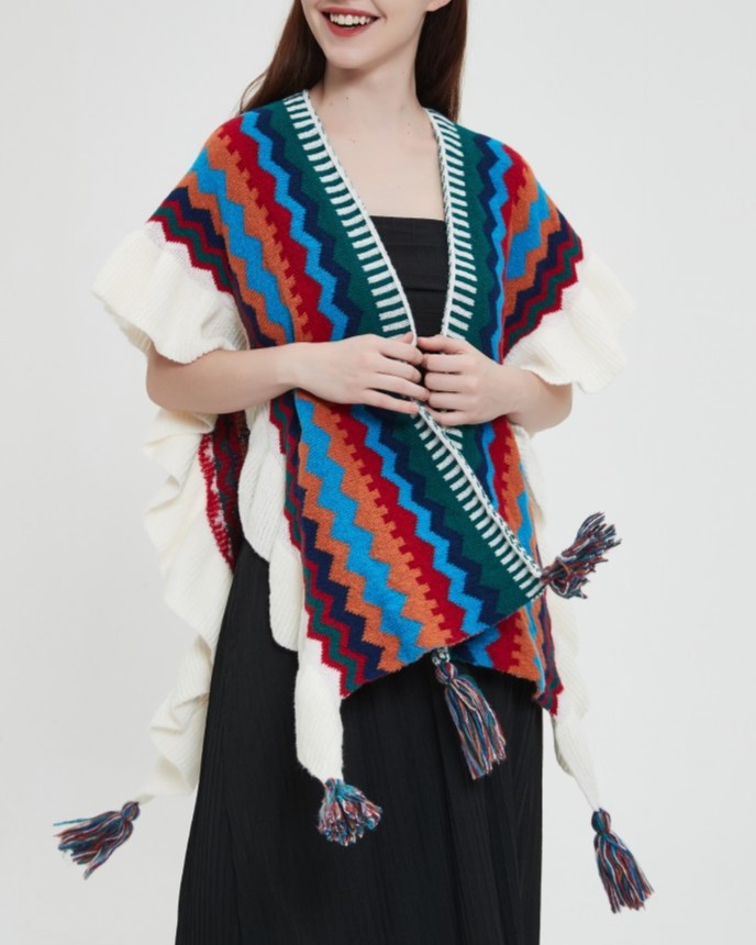 Ruffled Chevron Stripe Tassel Knit Wrap