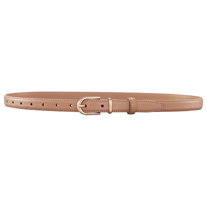 Minimalist Pin Buckle Slim Leather Belt - Gold_Beige