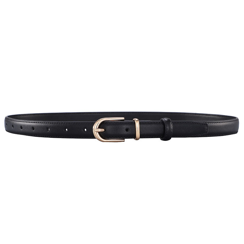 Minimalist Pin Buckle Slim Leather Belt - Gold_Black