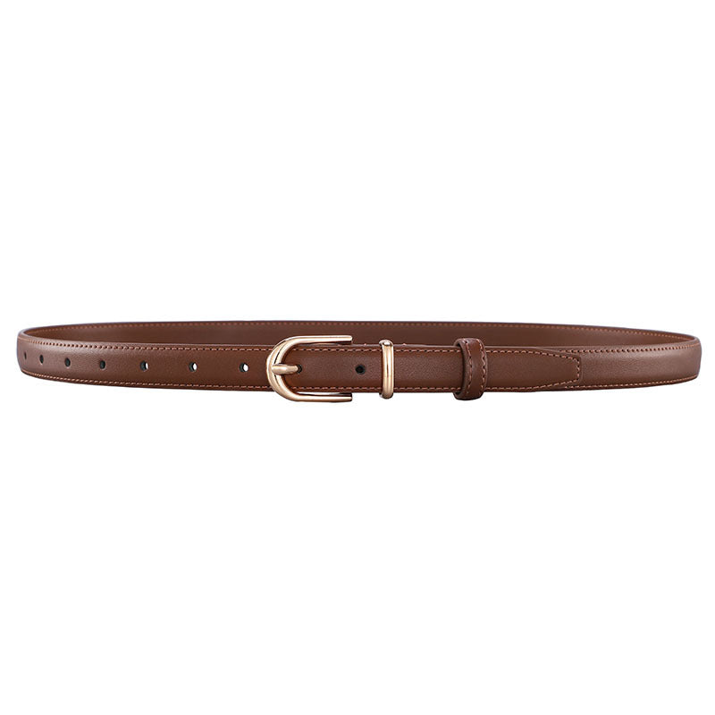 Minimalist Pin Buckle Slim Leather Belt - Gold_Brown