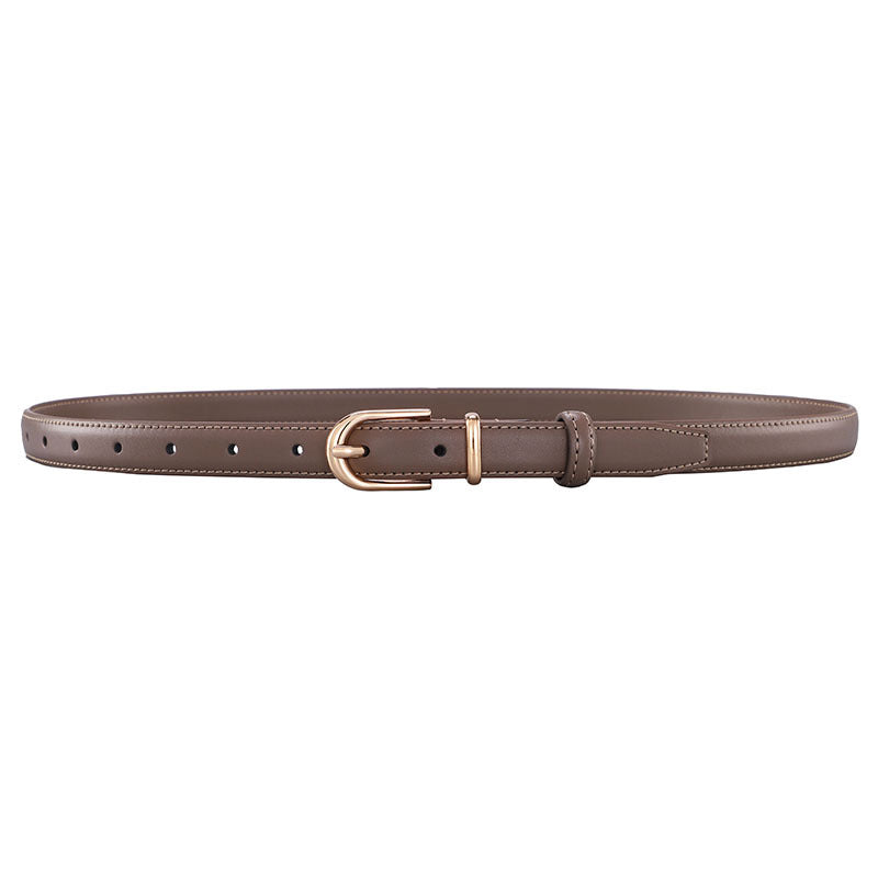 Minimalist Pin Buckle Slim Leather Belt - Gold_Khaki