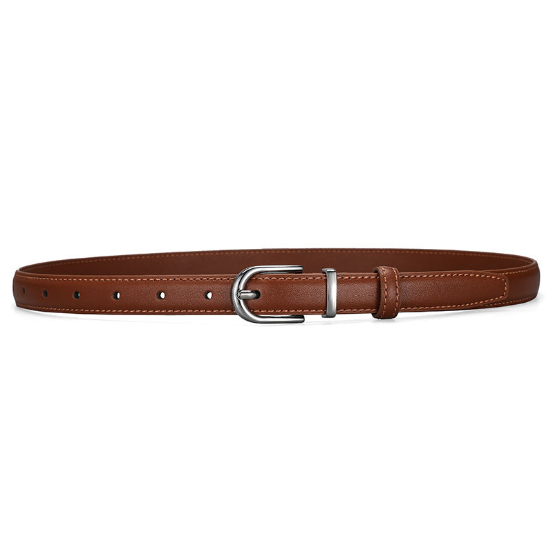 Minimalist Pin Buckle Slim Leather Belt - Silver_Brown