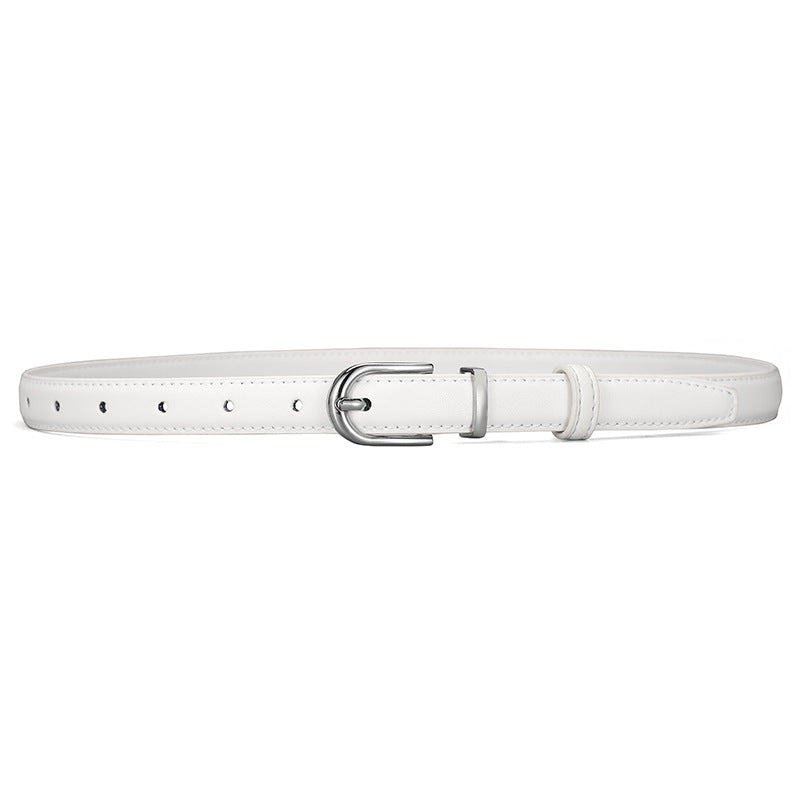 Minimalist Pin Buckle Slim Leather Belt - Silver_White