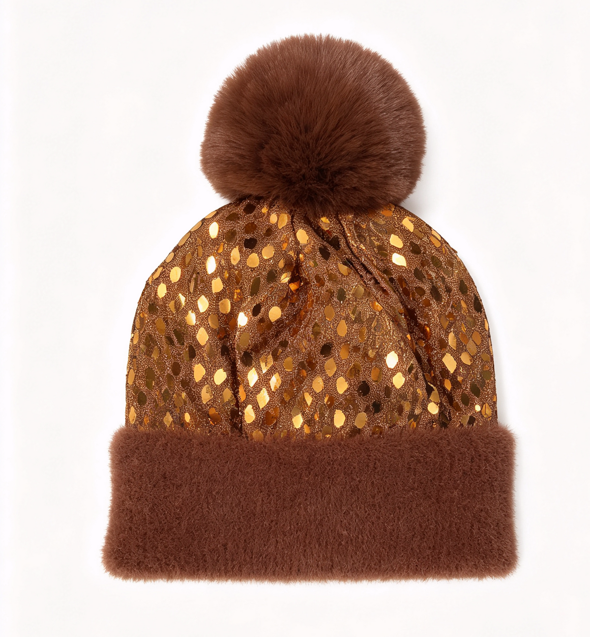 Sequin Pom Pom Beanie with Ribbed Knit Cuff - Caramel