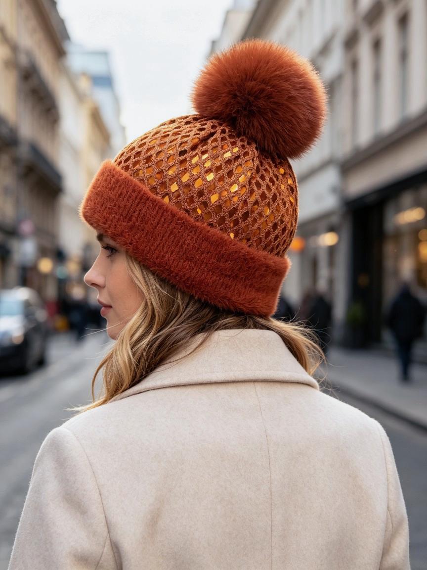 Sequin Pom Pom Beanie with Ribbed Knit Cuff - Caramel - 1