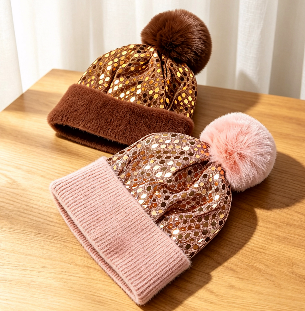 Sequin Pom Pom Beanie with Ribbed Knit Cuff - Caramel - 2