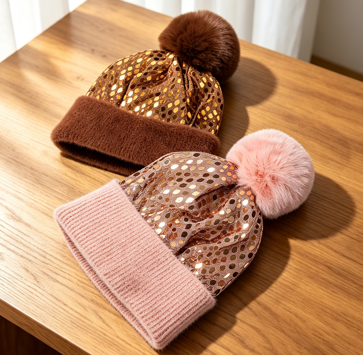 Sequin Pom Pom Beanie with Ribbed Knit Cuff - Caramel - 3