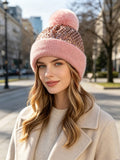 Sequin Pom Pom Beanie with Ribbed Knit Cuff - Pink