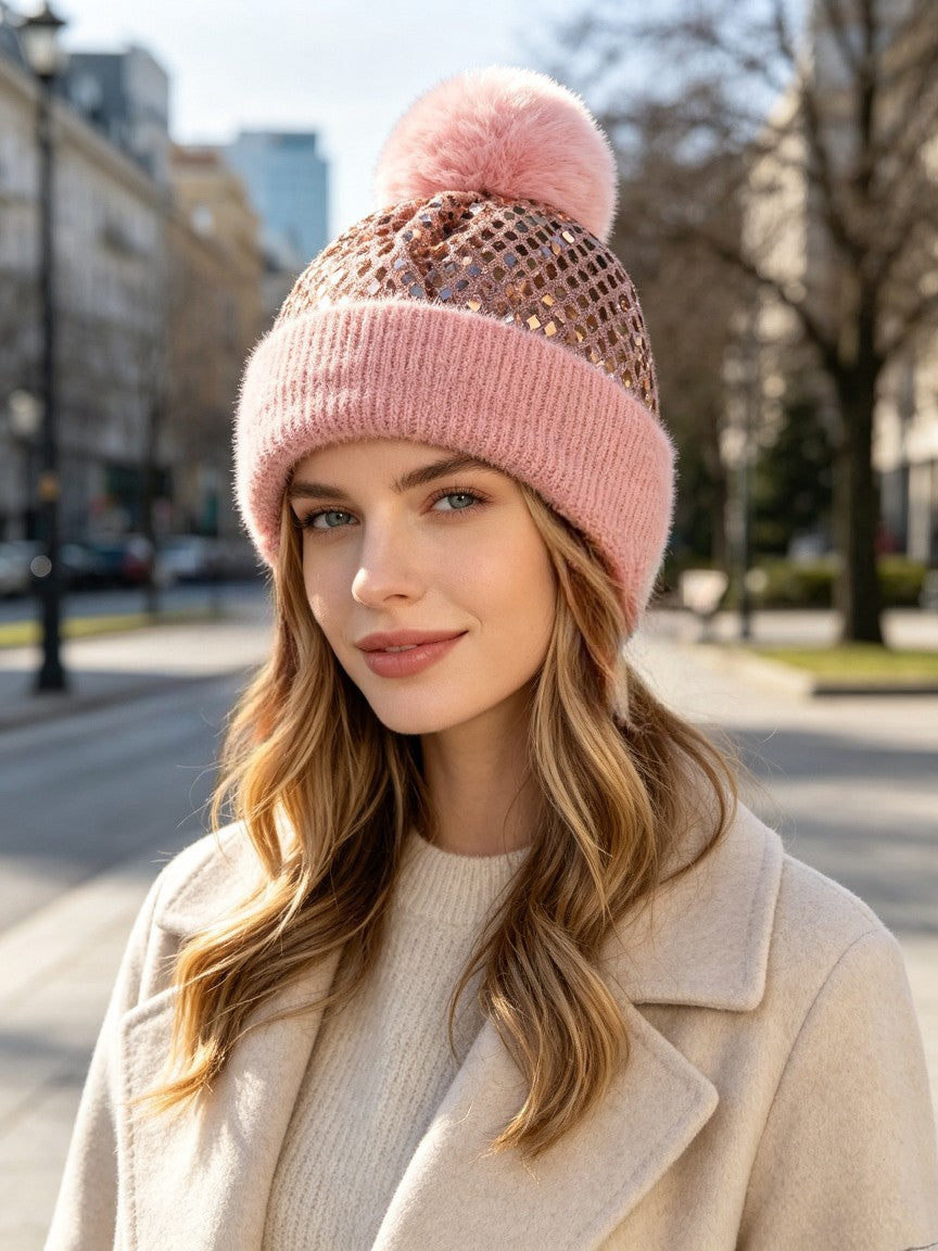 Sequin Pom Pom Beanie with Ribbed Knit Cuff - Pink