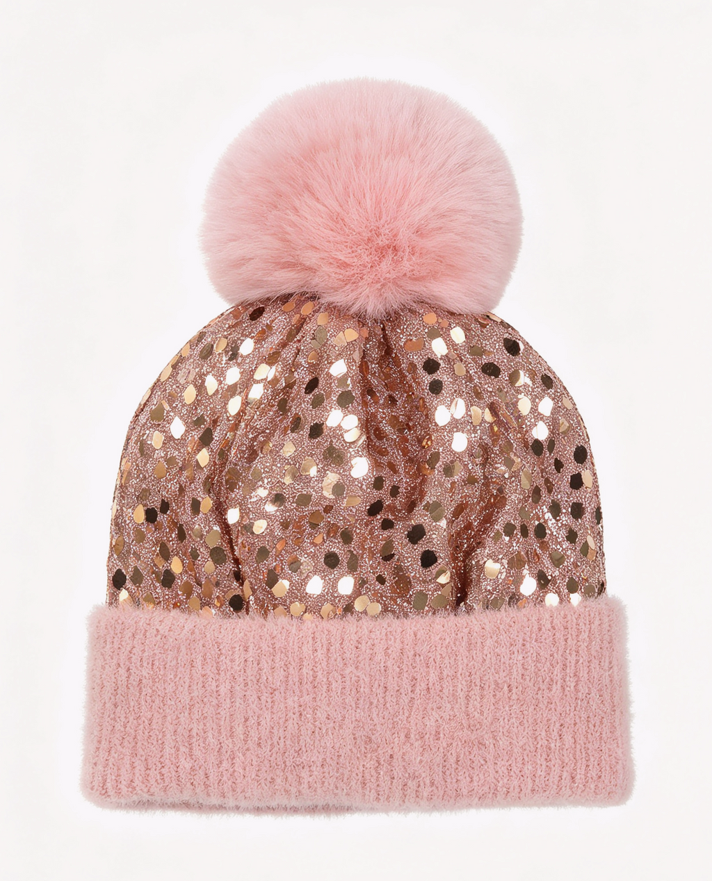 Sequin Pom Pom Beanie with Ribbed Knit Cuff - Pink - 1