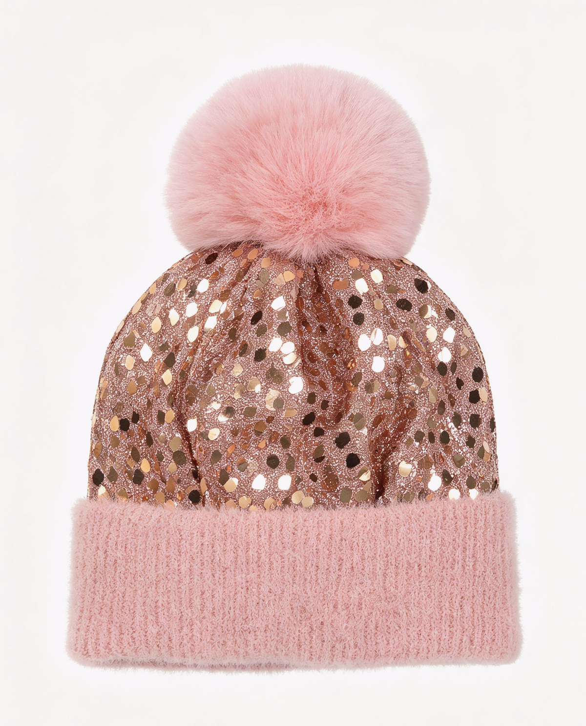 Sequin Pom Pom Beanie with Ribbed Knit Cuff - Pink - 1