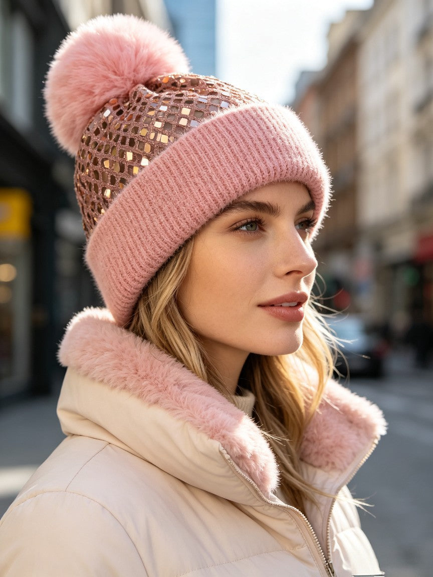 Sequin Pom Pom Beanie with Ribbed Knit Cuff - Pink - 2