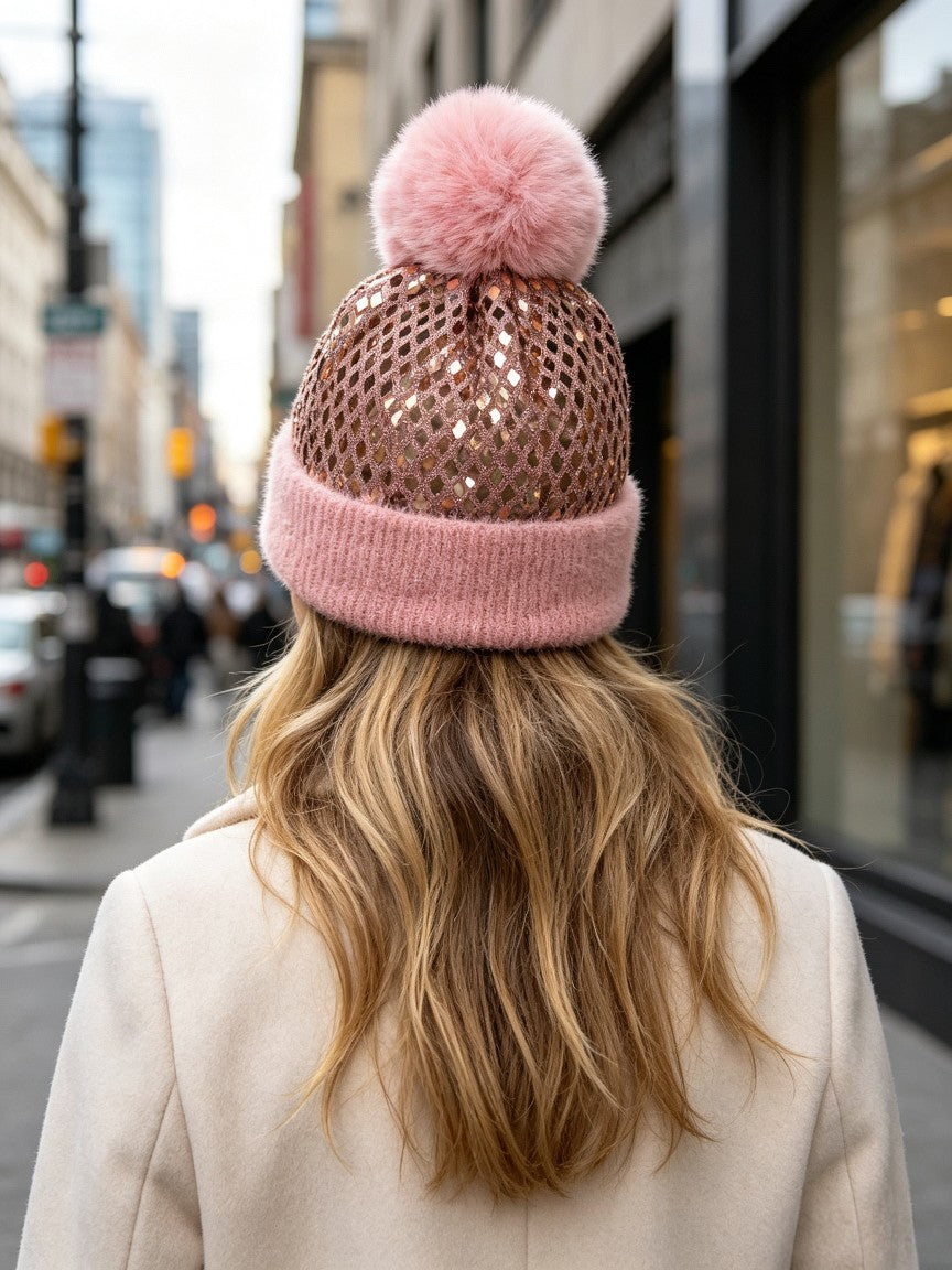 Sequin Pom Pom Beanie with Ribbed Knit Cuff - Pink - 4
