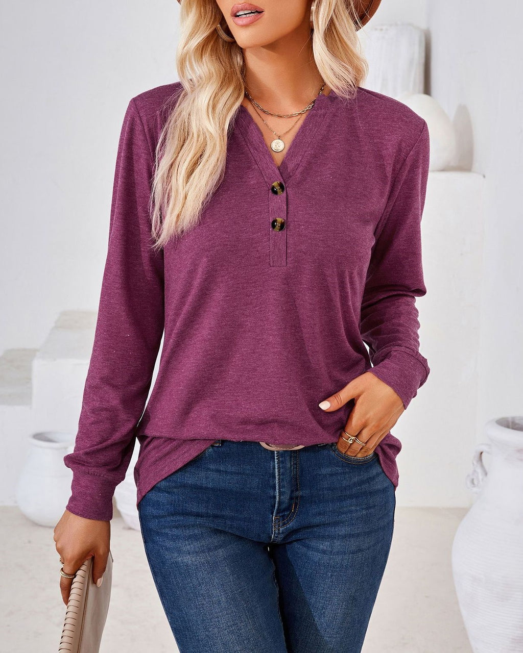 Henley Button V Neck Brushed Knit Blouse - Burgundy
