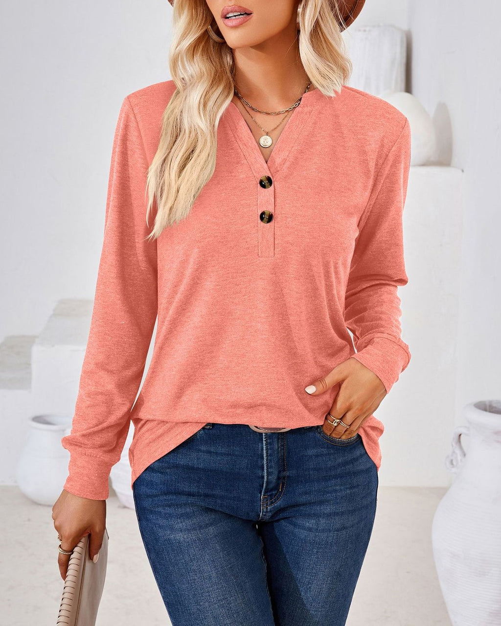 Henley Button V Neck Brushed Knit Blouse - Pink